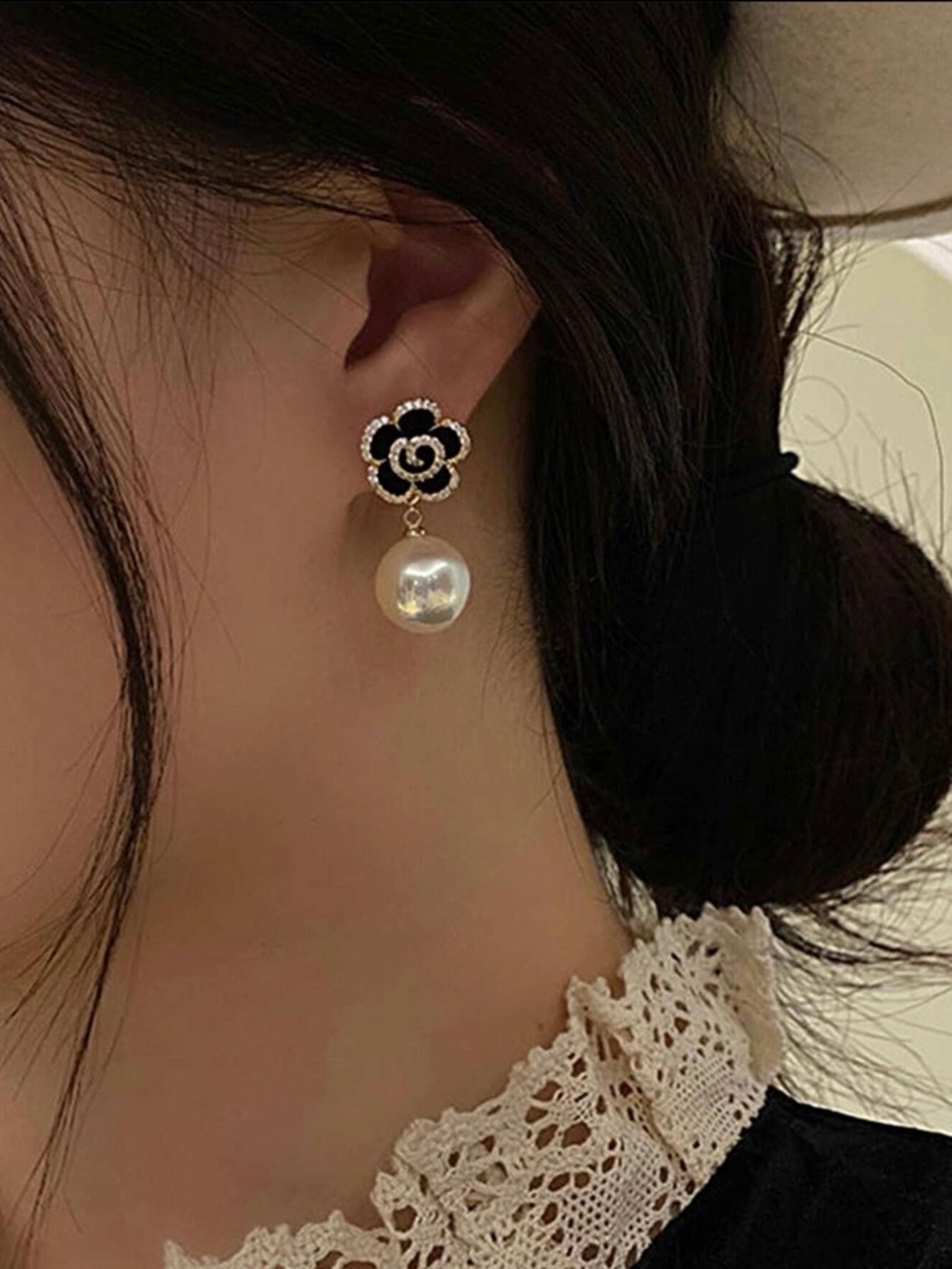 Classic Black Flower Pearl Drop Earrings - Unbranded
